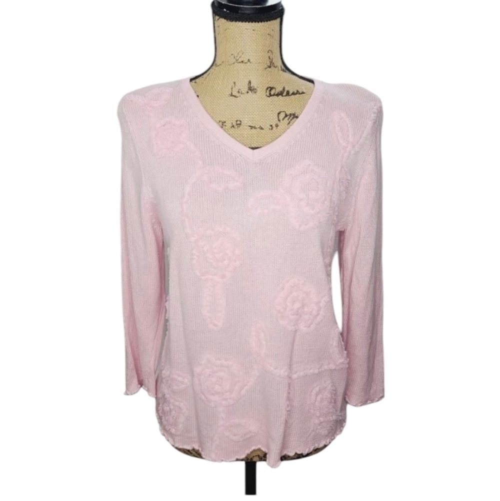 Y2K Vintage Baby Pastel Pink Rosette Ruffle Girly V-neck Top Small
